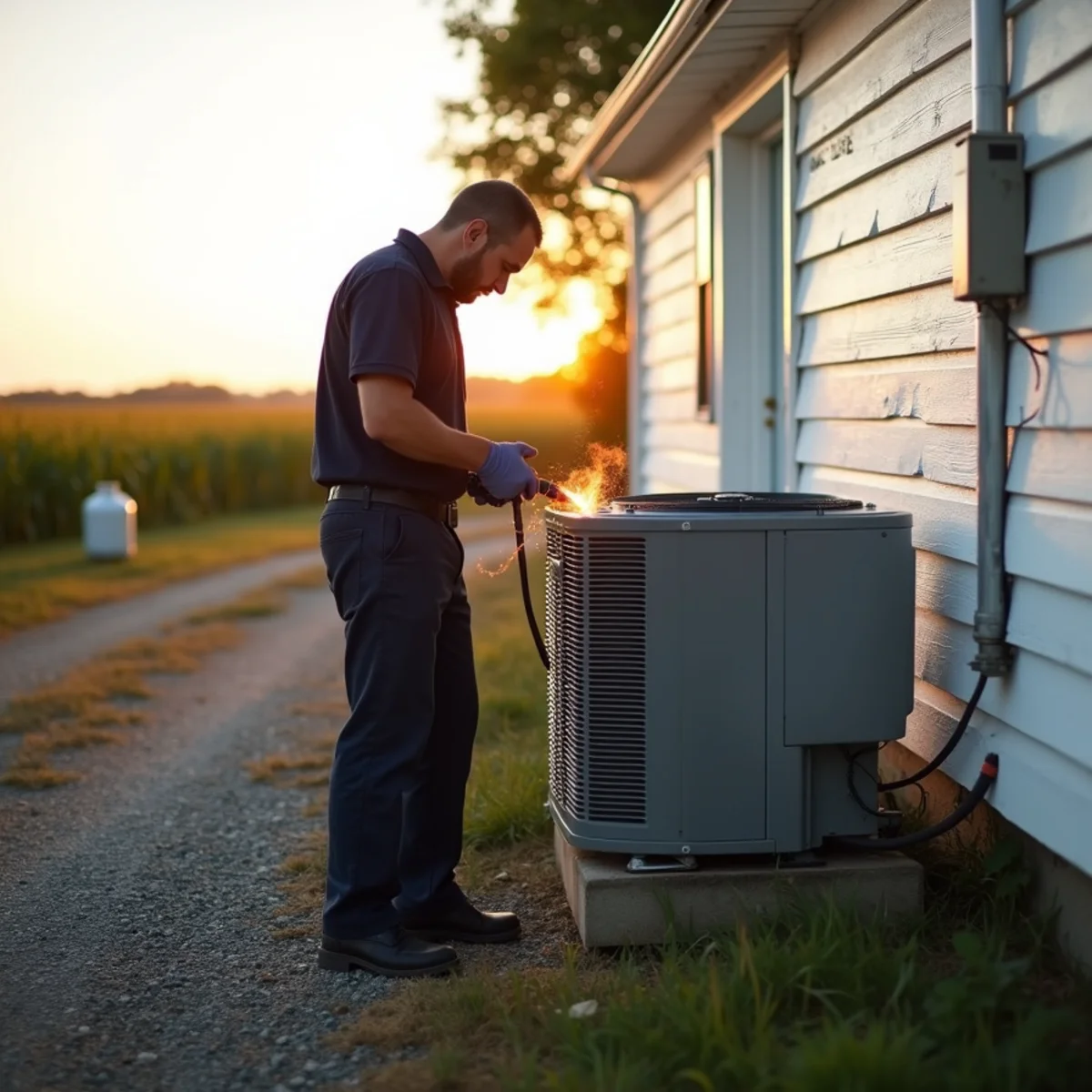 New heat pump being installed next to a farmhouse near Lewisburg, OH