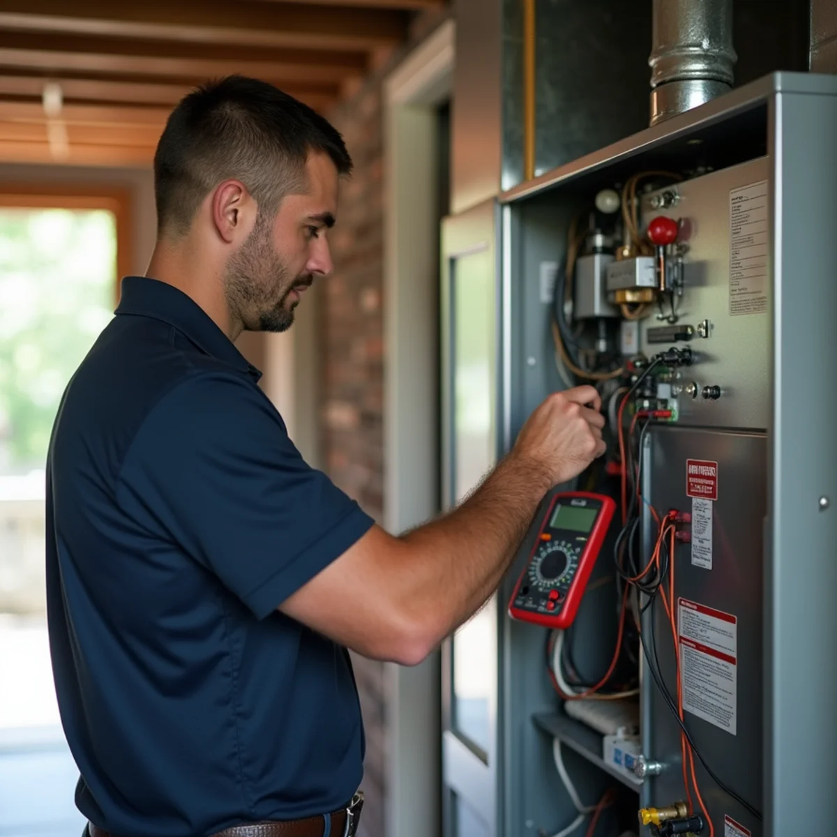 Technician testing a zoning control panel beside a two-stage furnace in a Mason, OH home