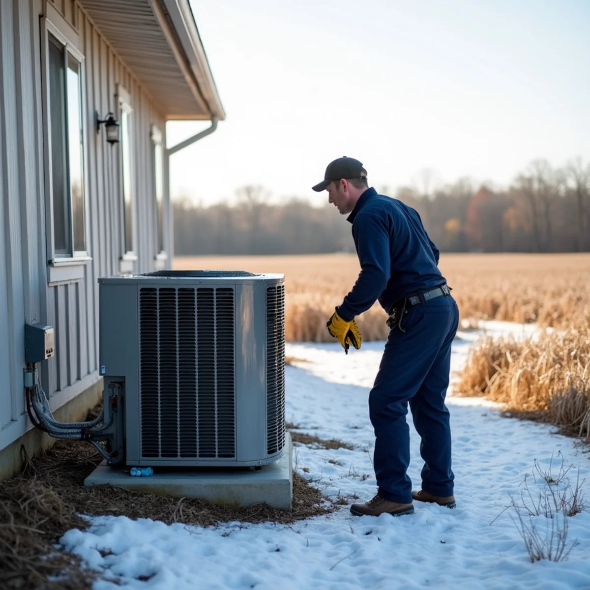 Rural Miami County, OH country home with an iced heat pump in winter