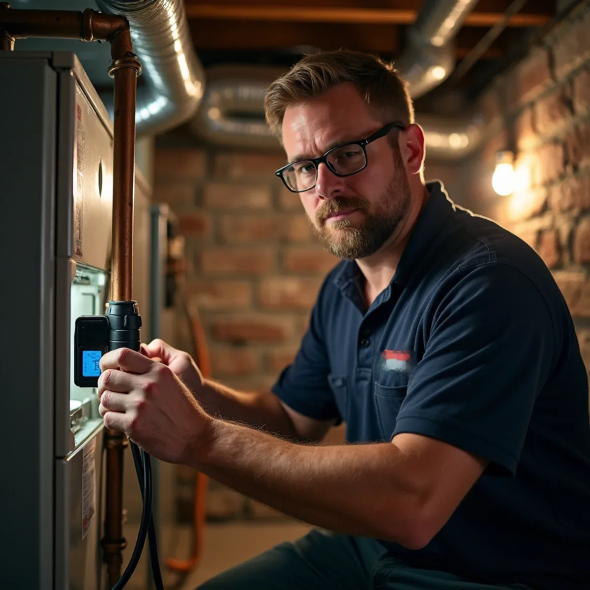 Technician performing combustion analysis on a furnace in the basement of an older Middletown, OH home