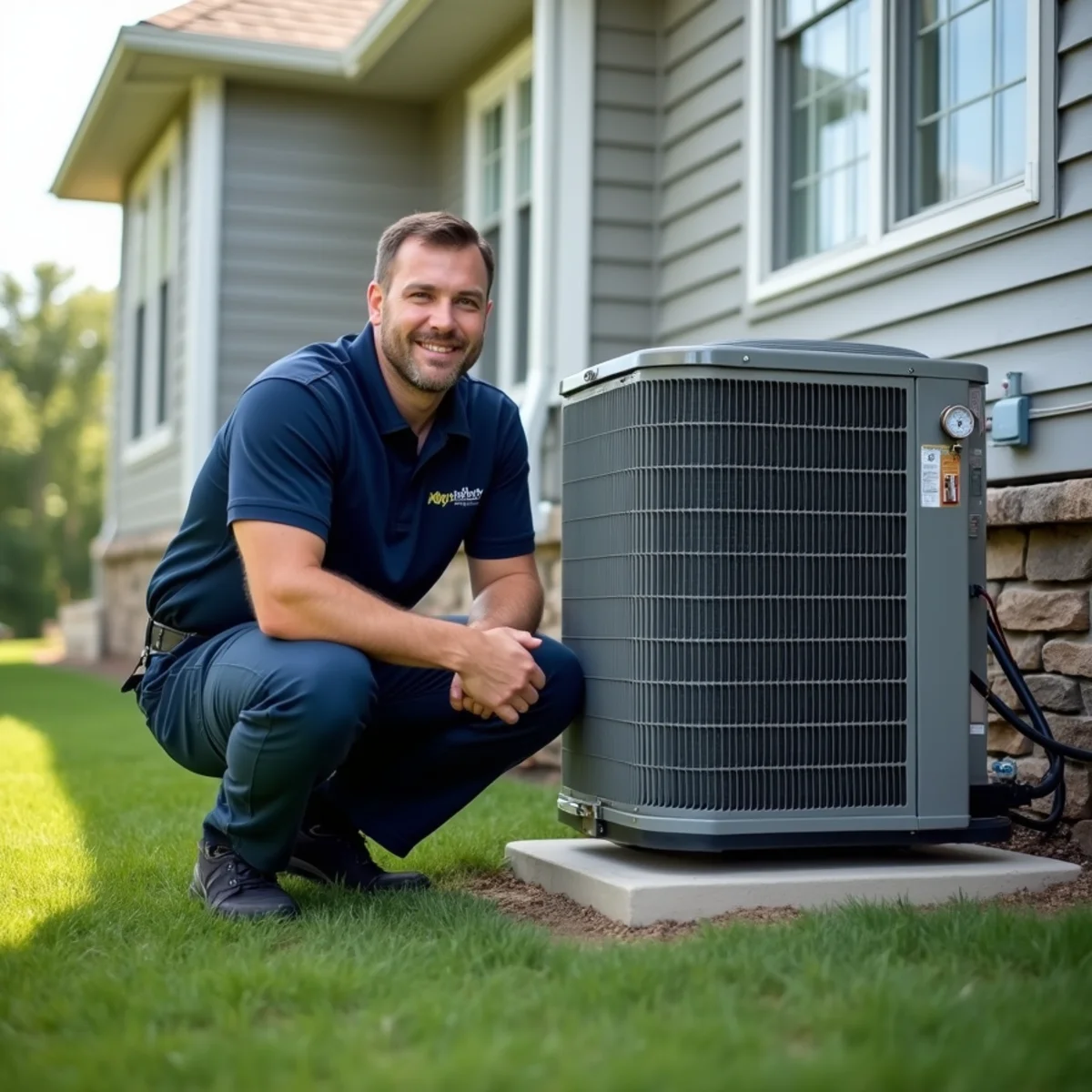 HVAC technician checking an outdoor AC unit at a new two-story home in Monroe, OH