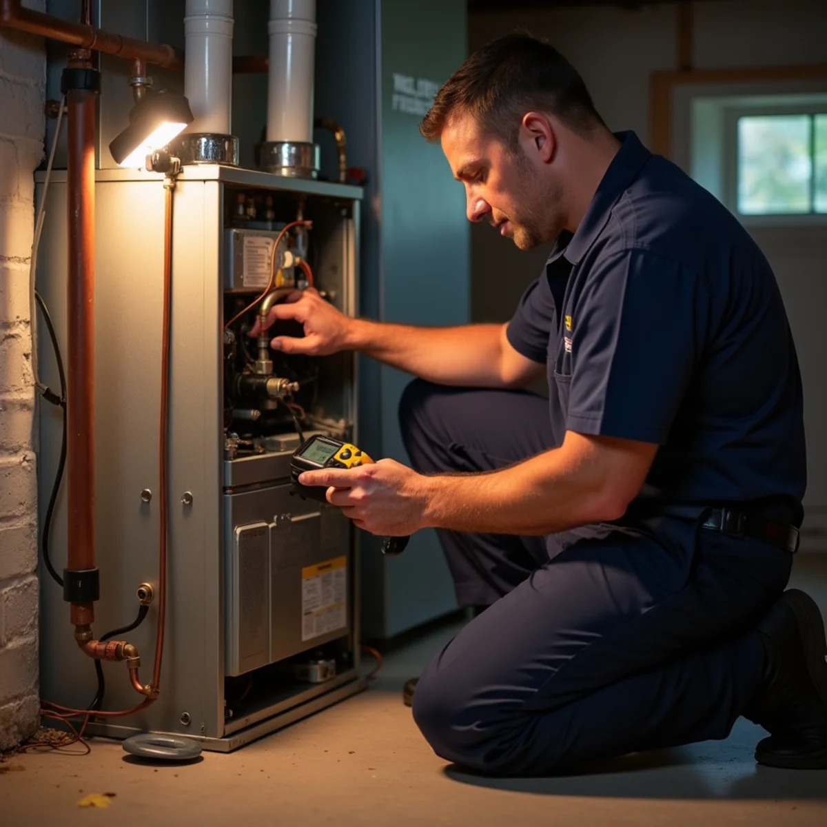 HVAC technician servicing a furnace in a Montgomery County, OH brick ranch home