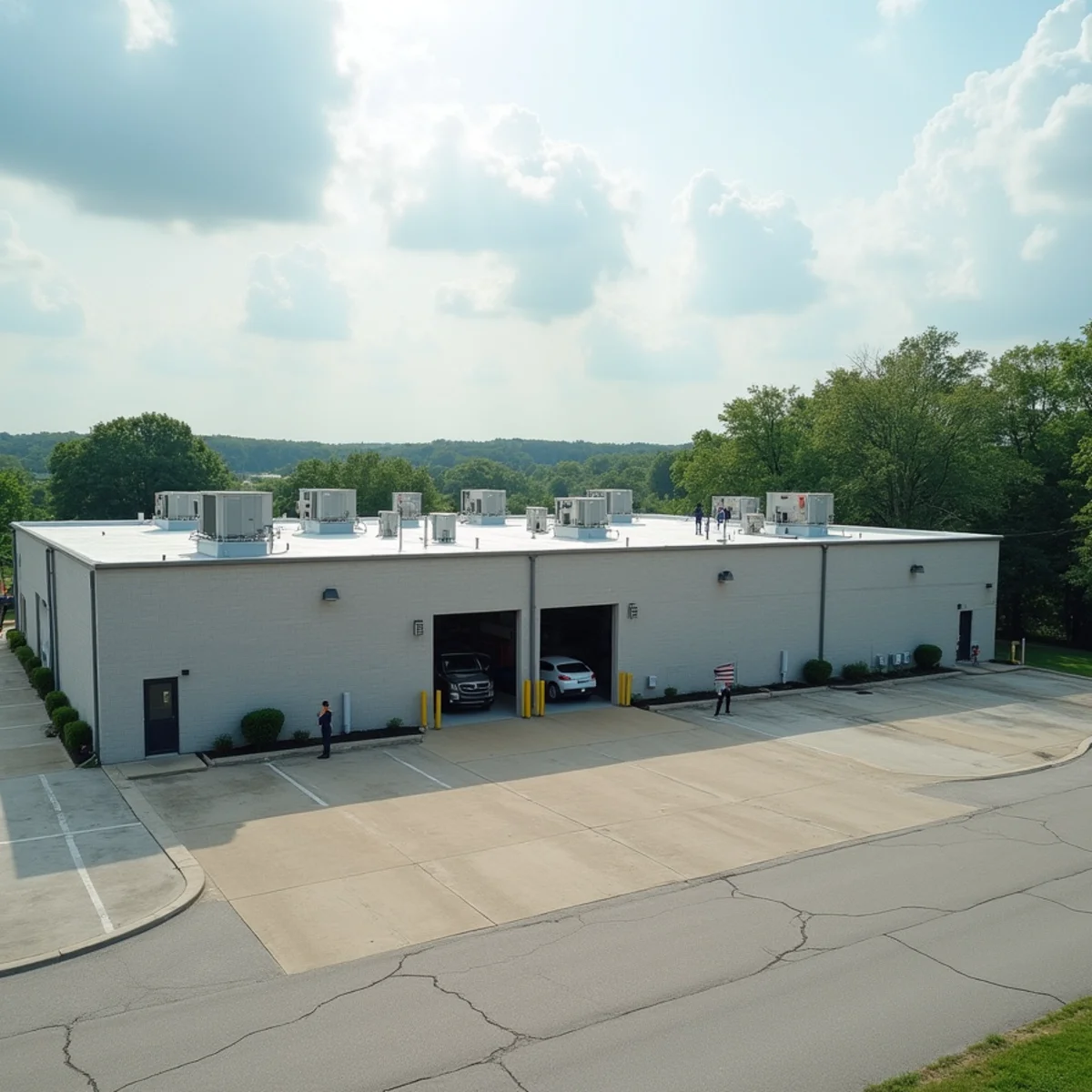 Flat-roof light-industrial building with packaged rooftop HVAC units in Moraine, OH