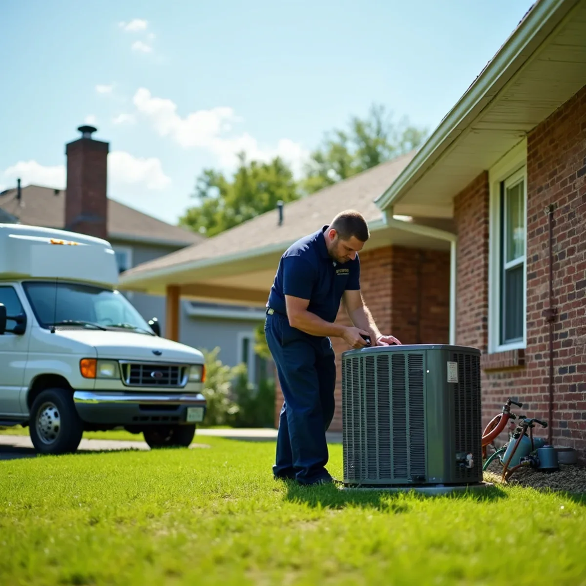 Technician replacing an air conditioner at a 1960s ranch home in New Carlisle, OH