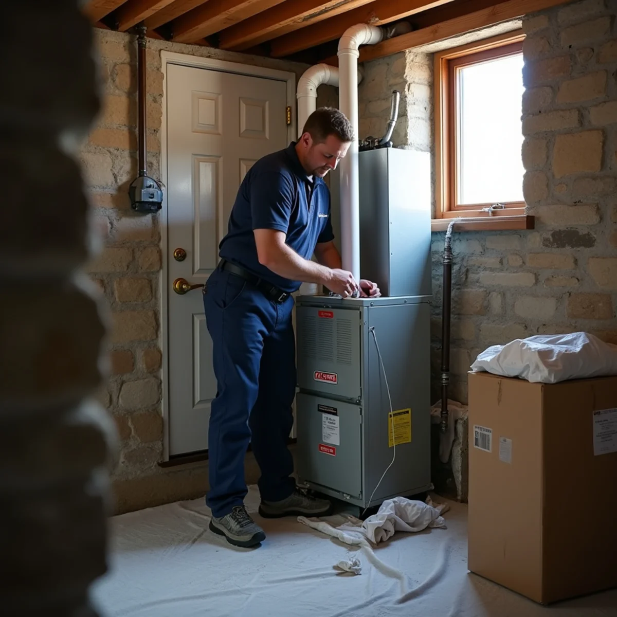 HVAC technician installing a new high-efficiency gas furnace in an older home in New Lebanon, OH