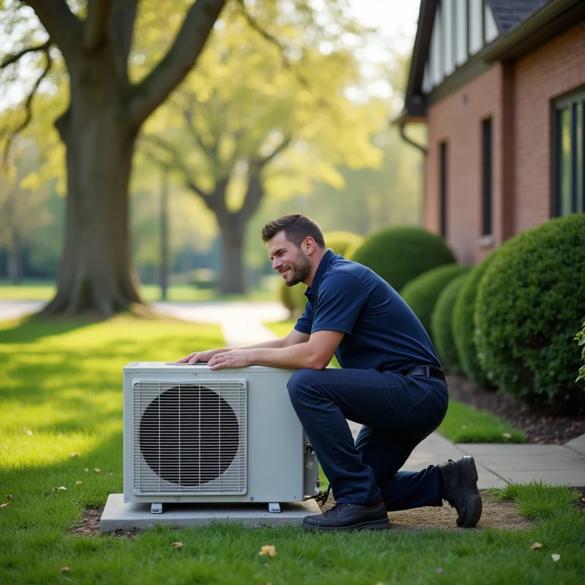HVAC technician installing a ductless mini-split condenser beside a 1920s brick Tudor home in Oakwood, OH