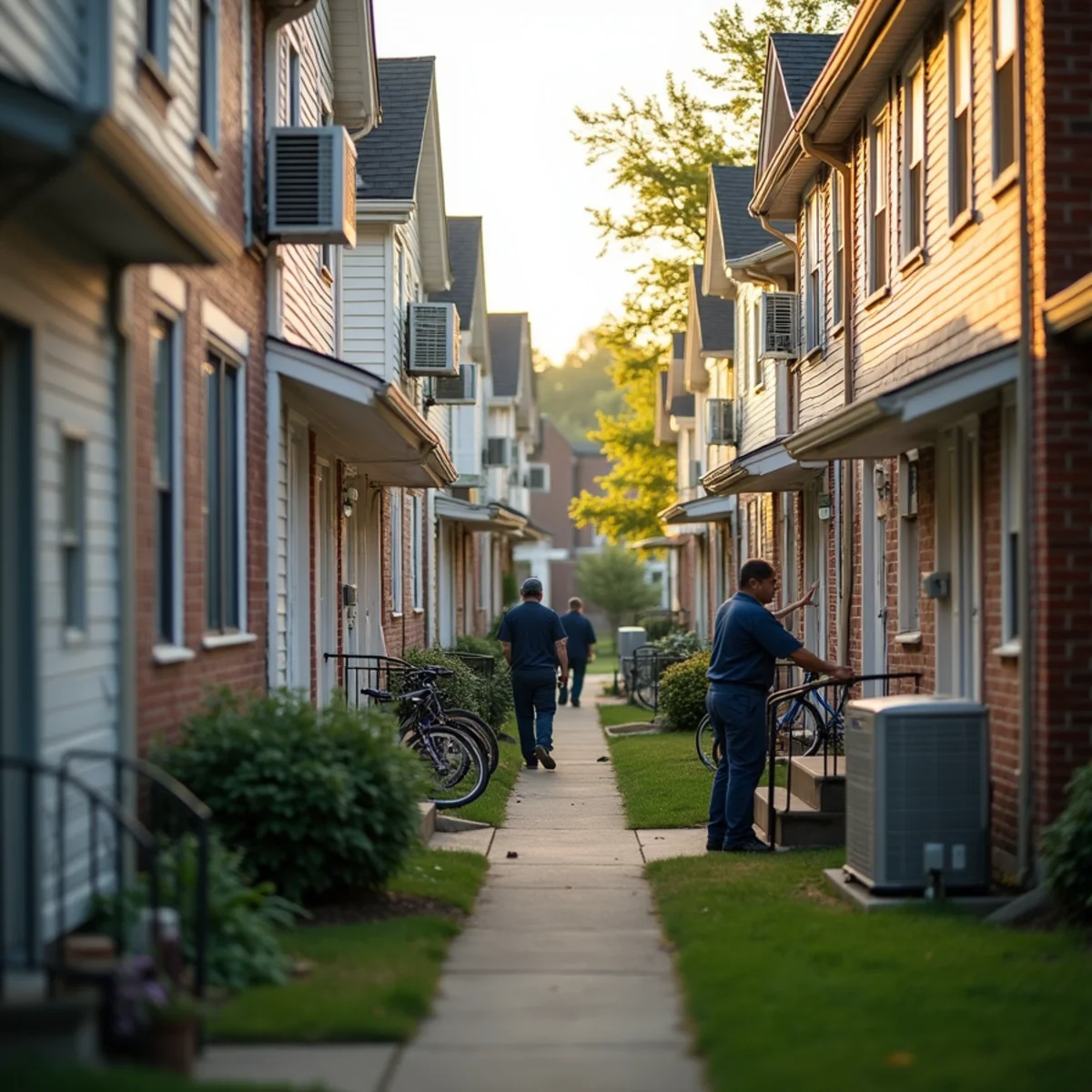 Older rental houses with AC condensers and window units near campus in Oxford, OH