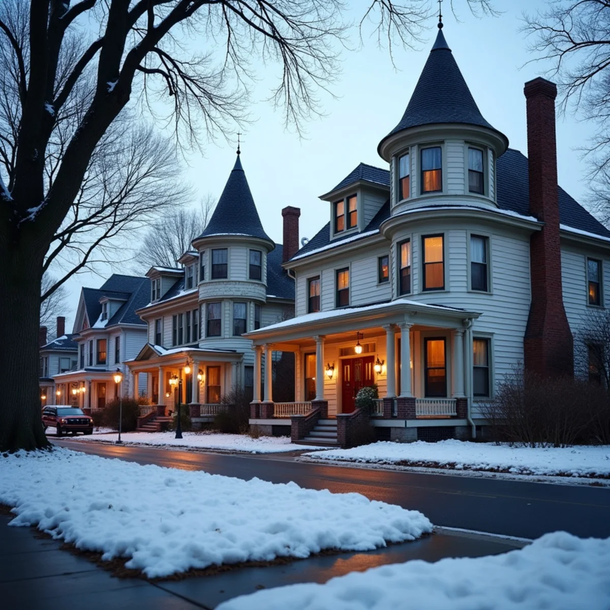 Large Victorian homes with tall masonry chimneys on an older street in Piqua, OH