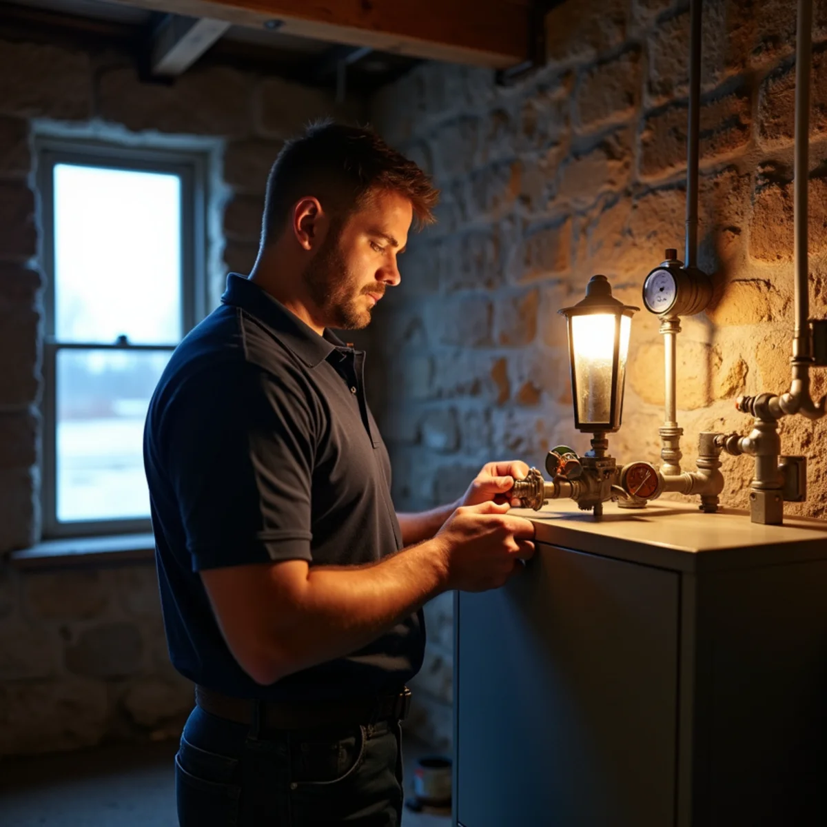 HVAC technician inspecting a propane furnace in the basement of a Preble County, OH farmhouse
