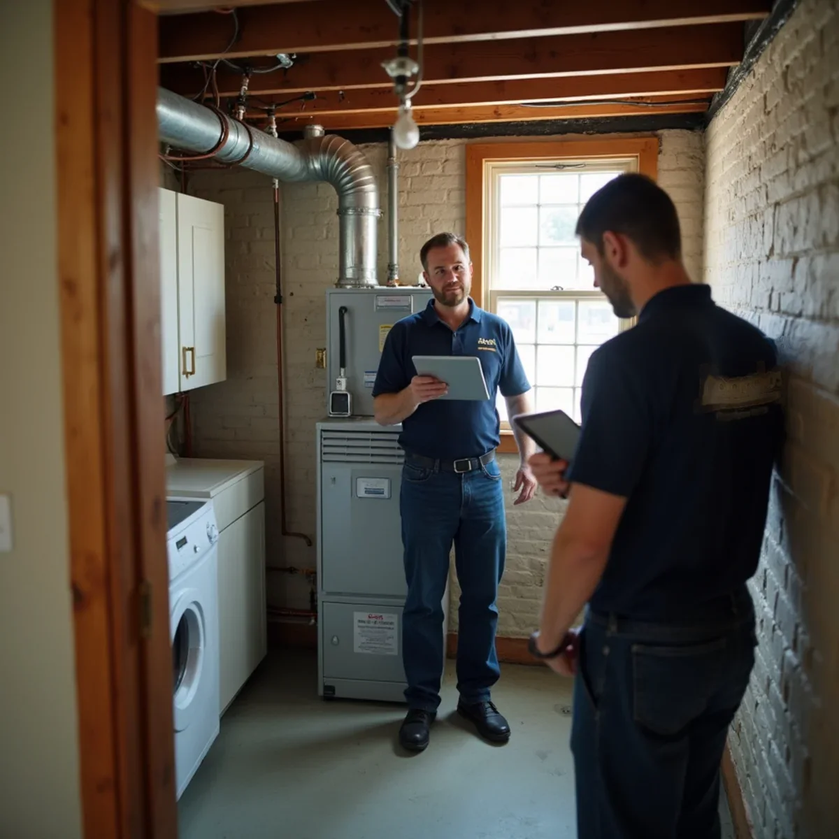 HVAC technician explaining a furnace inspection to a homeowner in a 1950s ranch in Riverside, OH