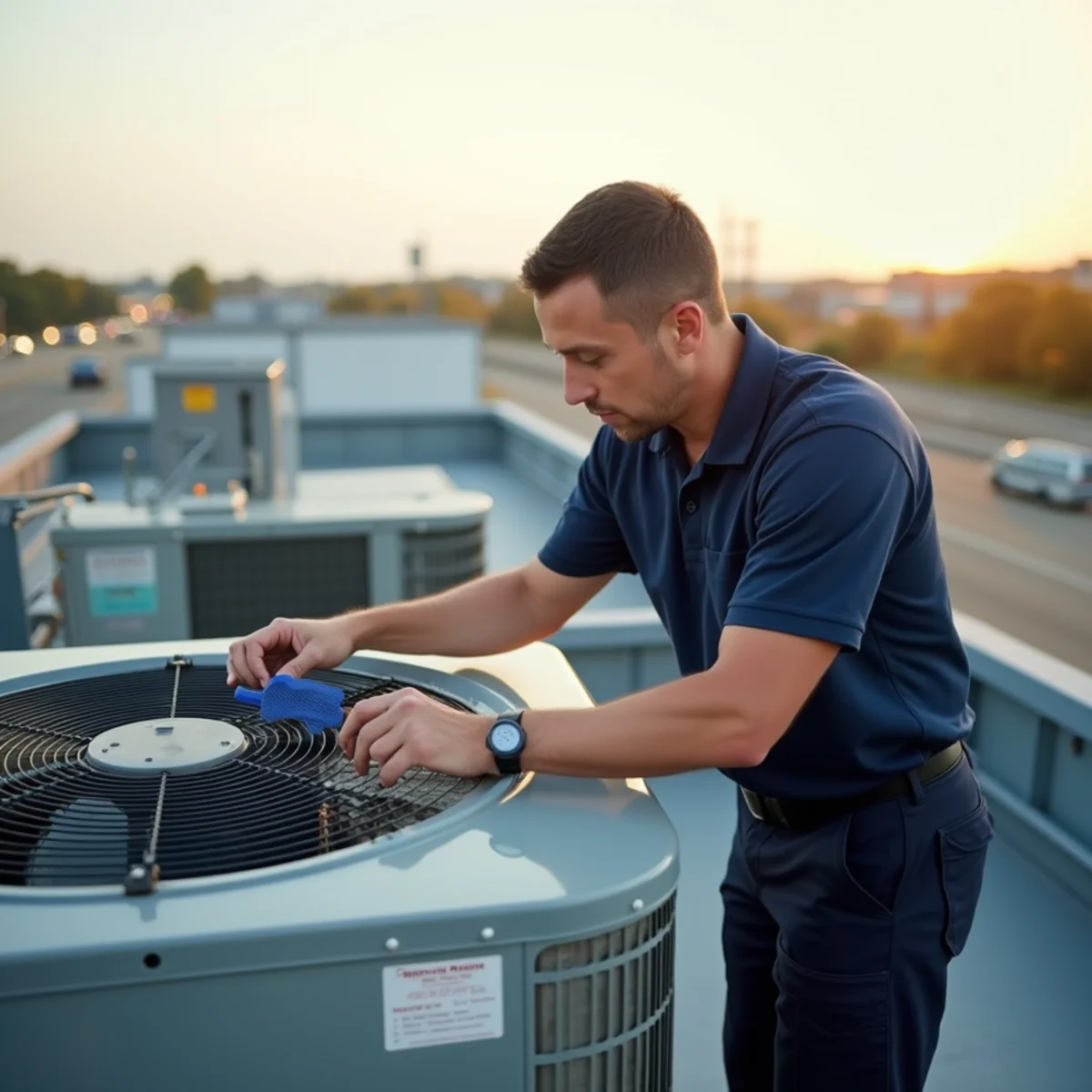Technician checking a rooftop HVAC unit on a flex building in Sharonville, OH