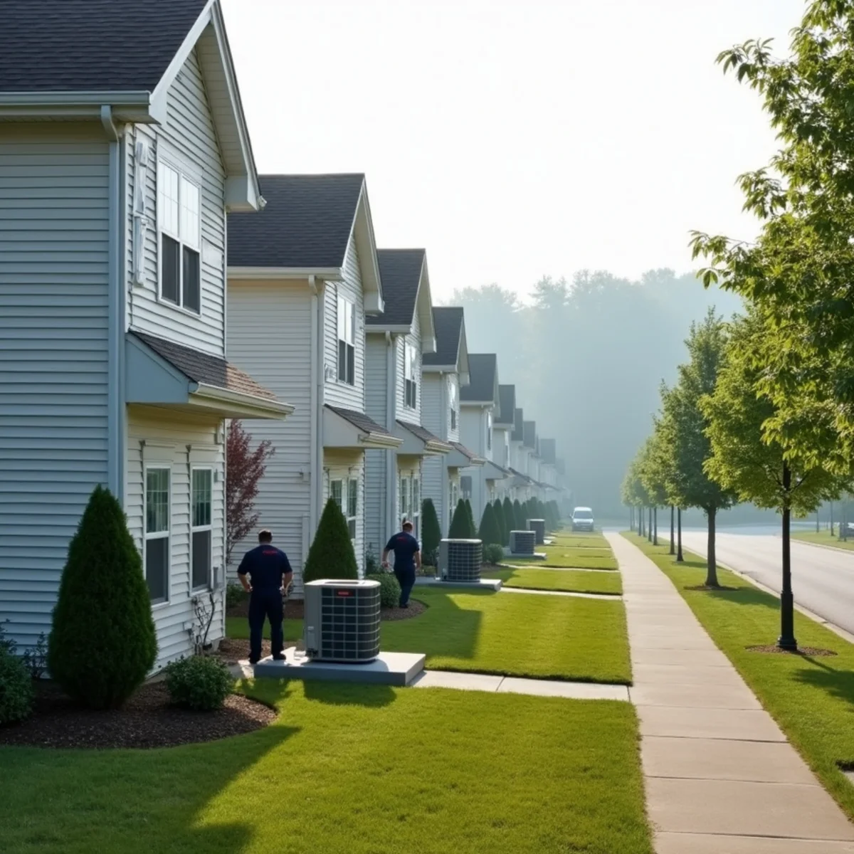 Newer two-story subdivision homes with side-yard AC condensers in South Lebanon, OH