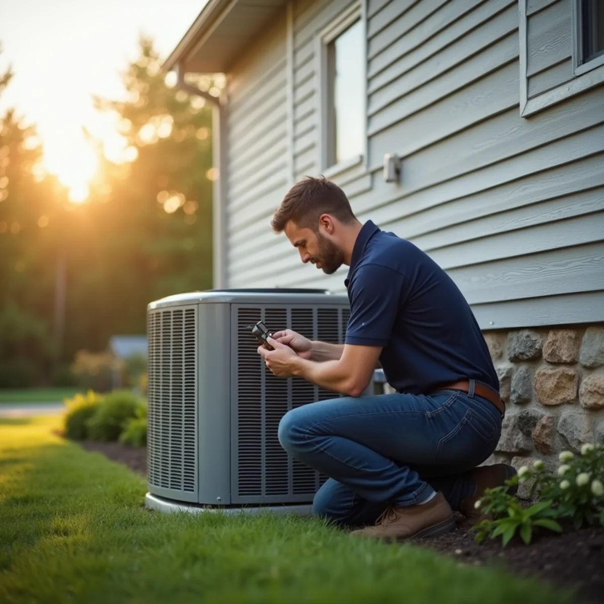 Technician checking a condenser beside a new two-story home in South Lebanon, OH