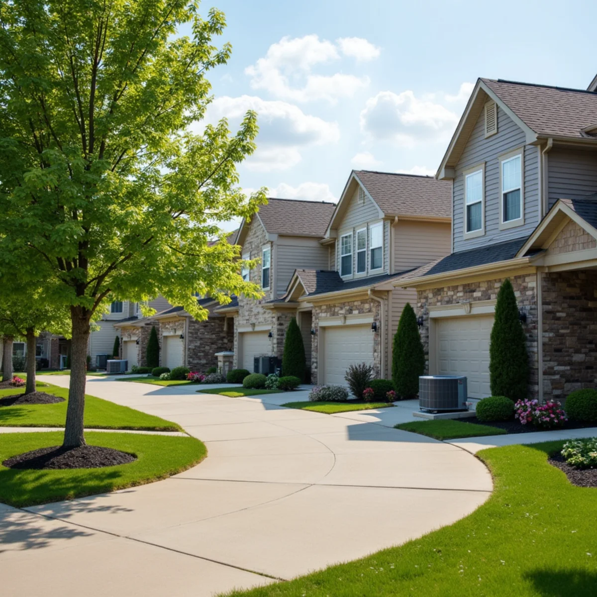 2000s two-story vinyl-sided subdivision homes with twin AC condensers in Springboro, OH