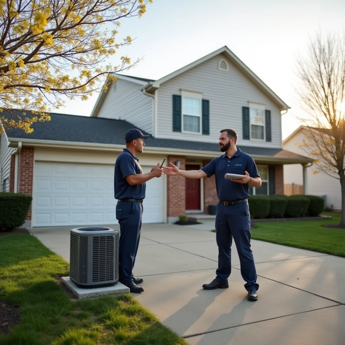Technician explaining a new furnace installation to a homeowner in a Springboro, OH two-story home