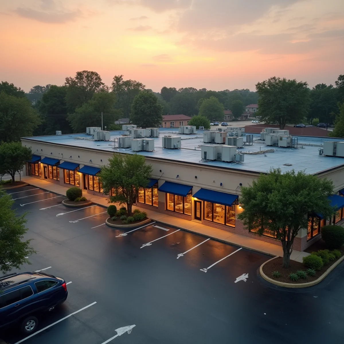 Older strip shopping center with rooftop units along a busy road in Springdale, OH