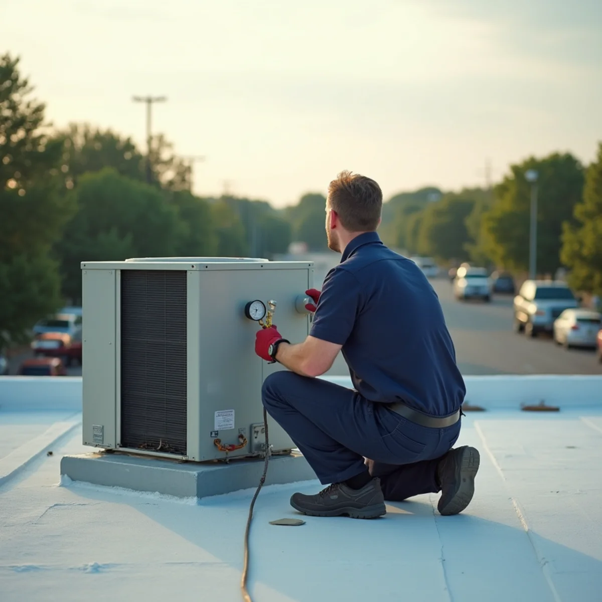HVAC technician servicing a packaged rooftop unit on a retail building in Springdale, OH