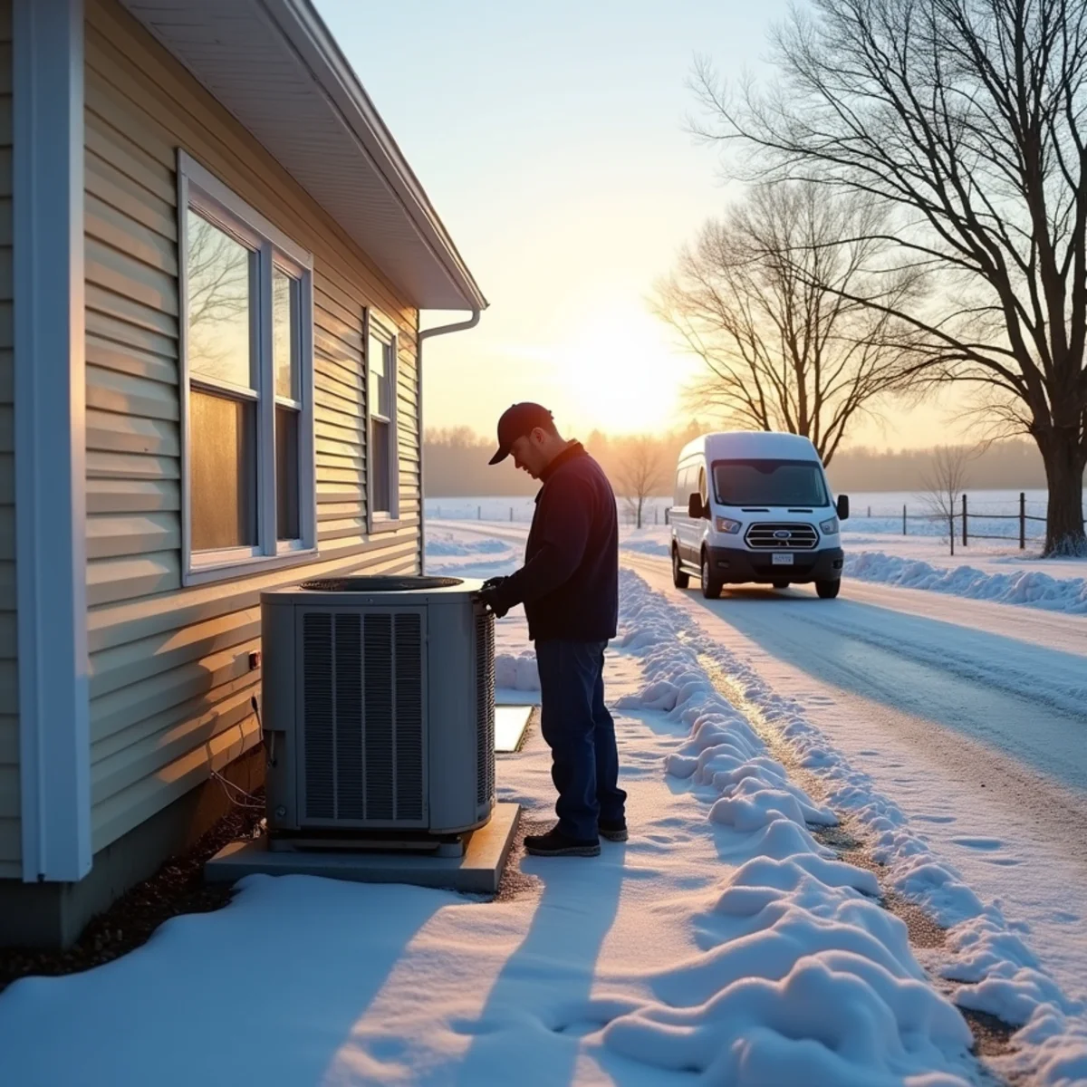 Rural home with ice-coated heat pump after freezing rain near Trenton, OH