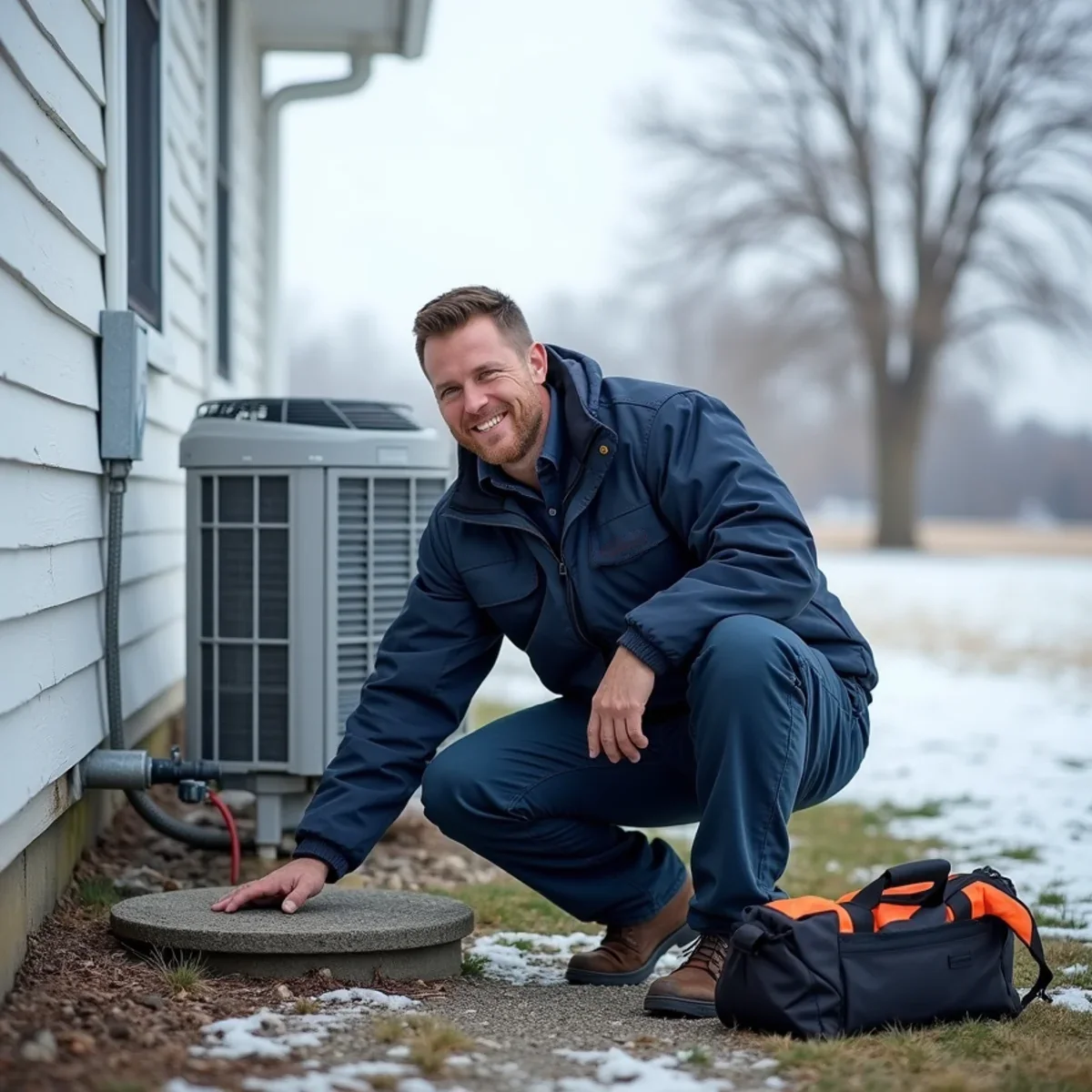 Technician repairing an iced-over heat pump outside a farmhouse near Trenton, OH