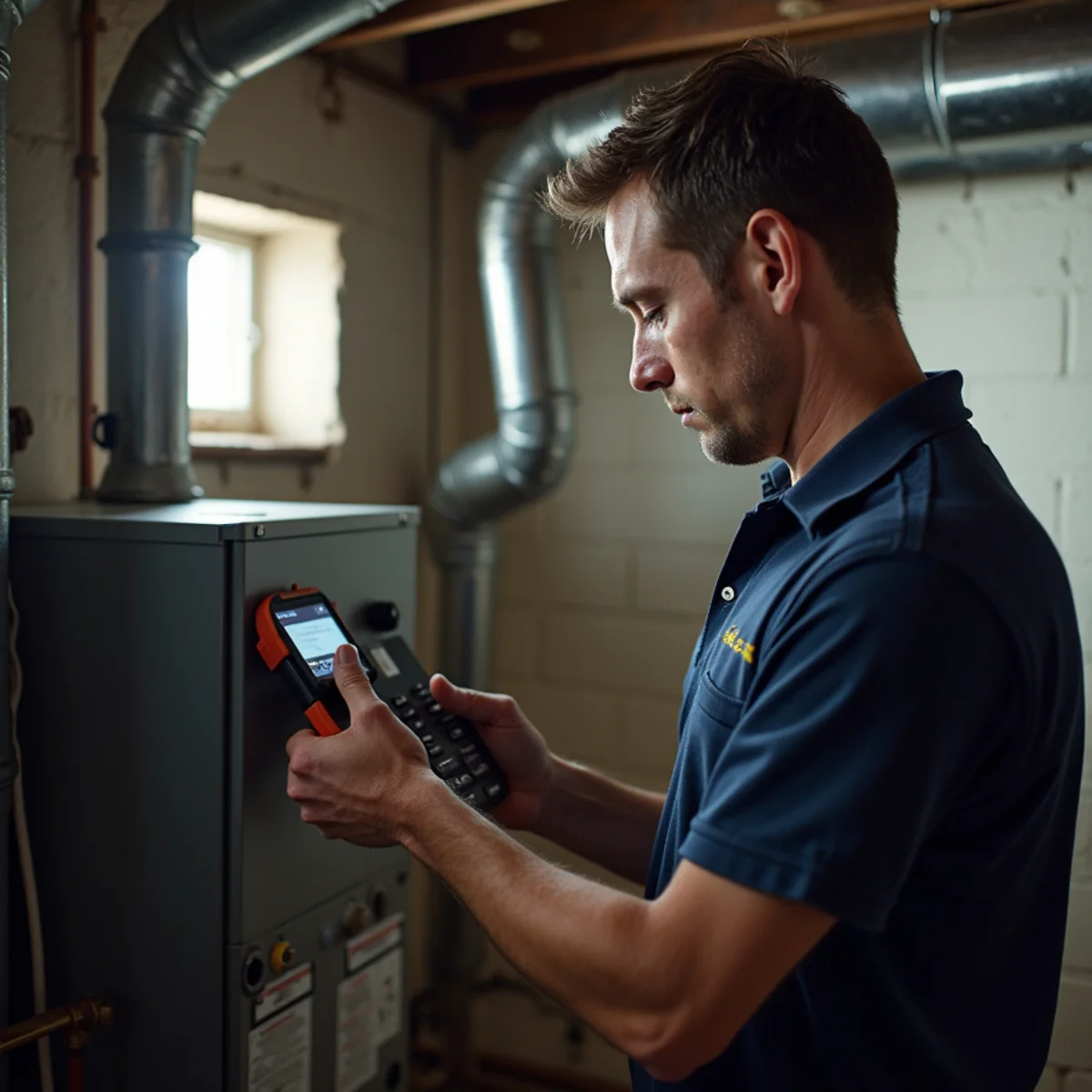 HVAC technician inspecting a gas furnace in the basement of a 1950s Cape Cod home in Trotwood, OH