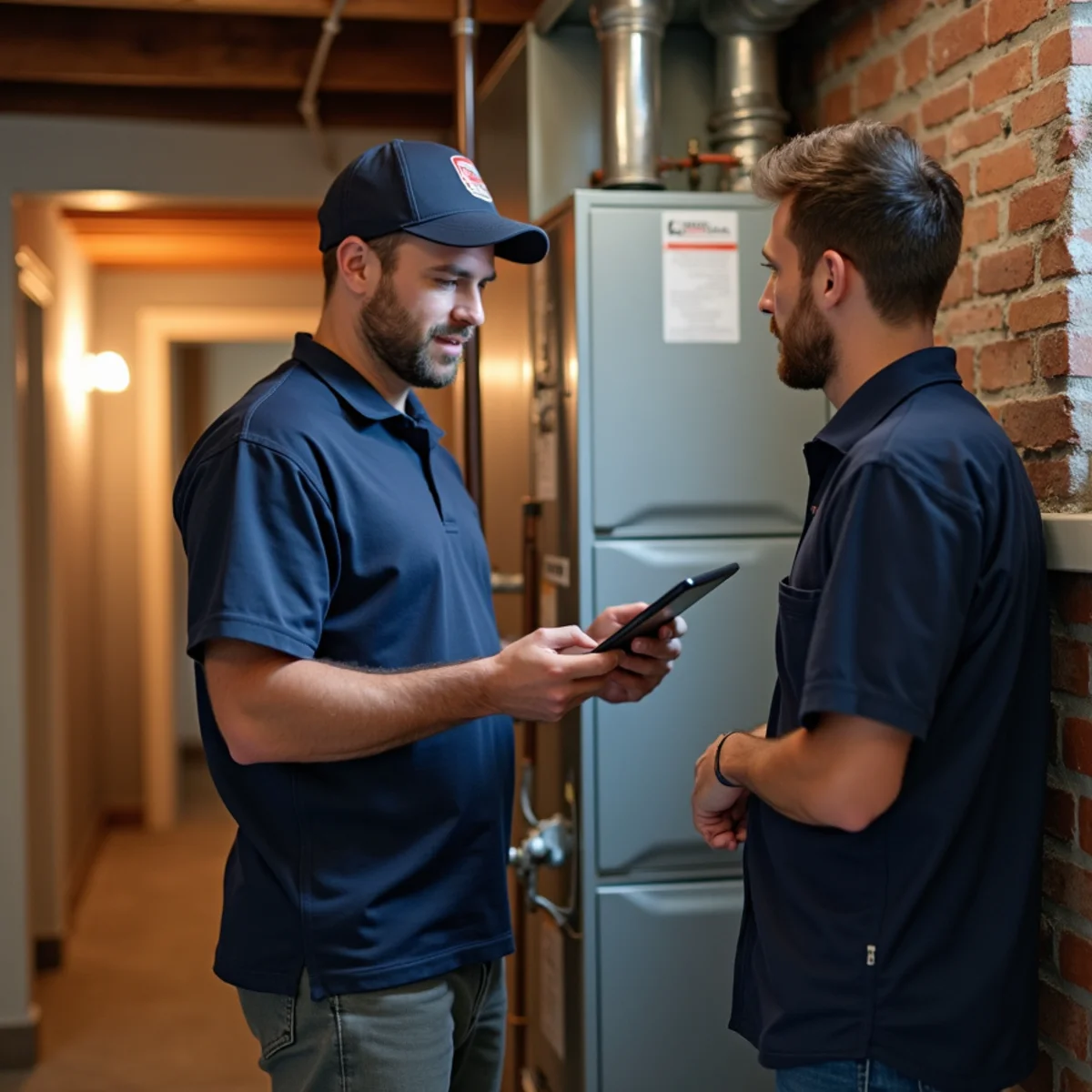 HVAC technician explaining furnace options to a homeowner in Troy, OH