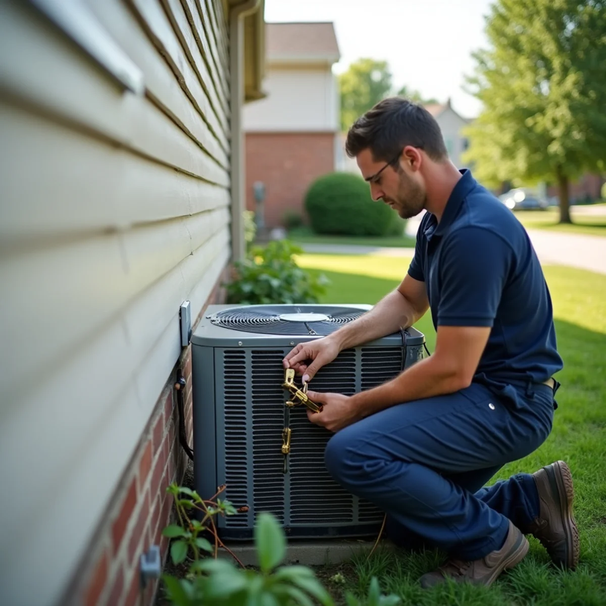 Technician replacing a capacitor on an older AC unit beside a 1990s two-story home in Union, OH