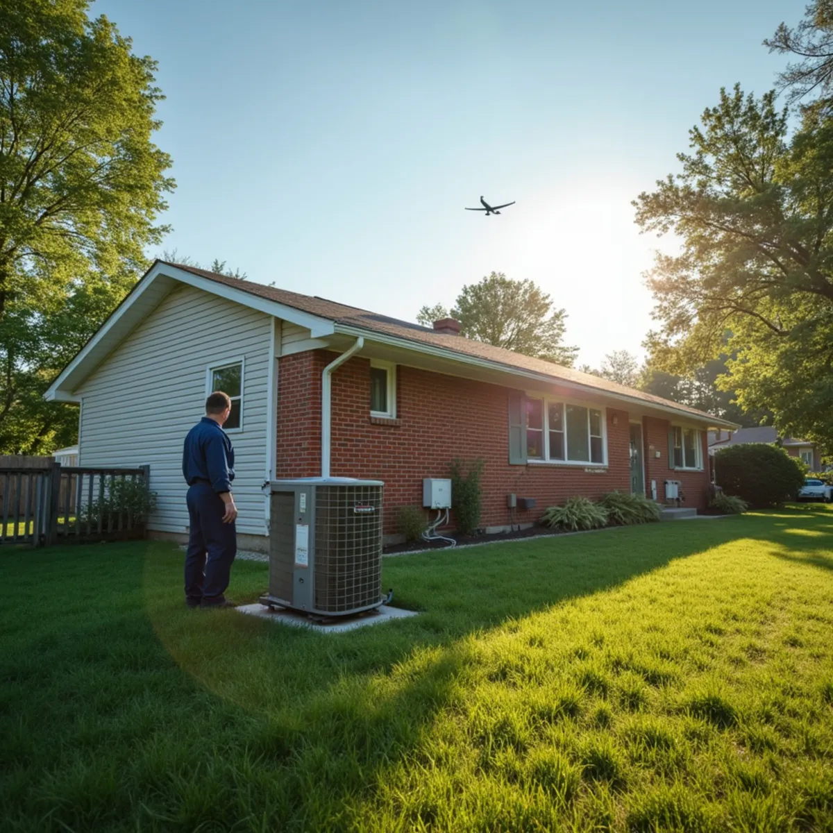 Post-war ranch home with sun-exposed condenser on an open lot in Vandalia, OH
