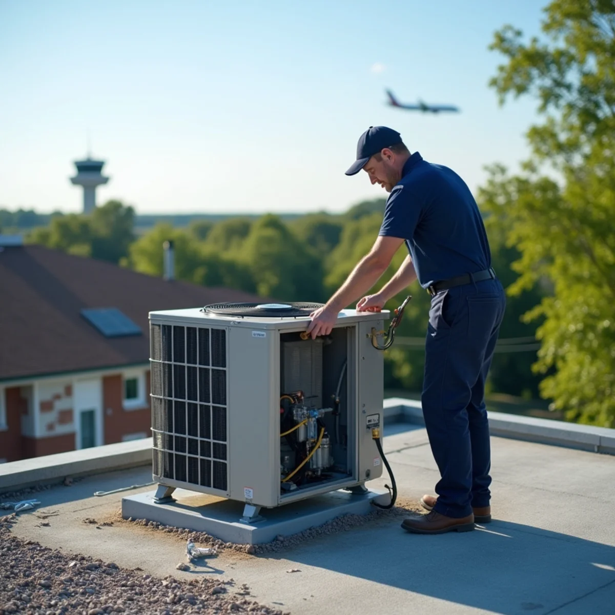 HVAC technician servicing a rooftop unit on a small commercial building in Vandalia, OH