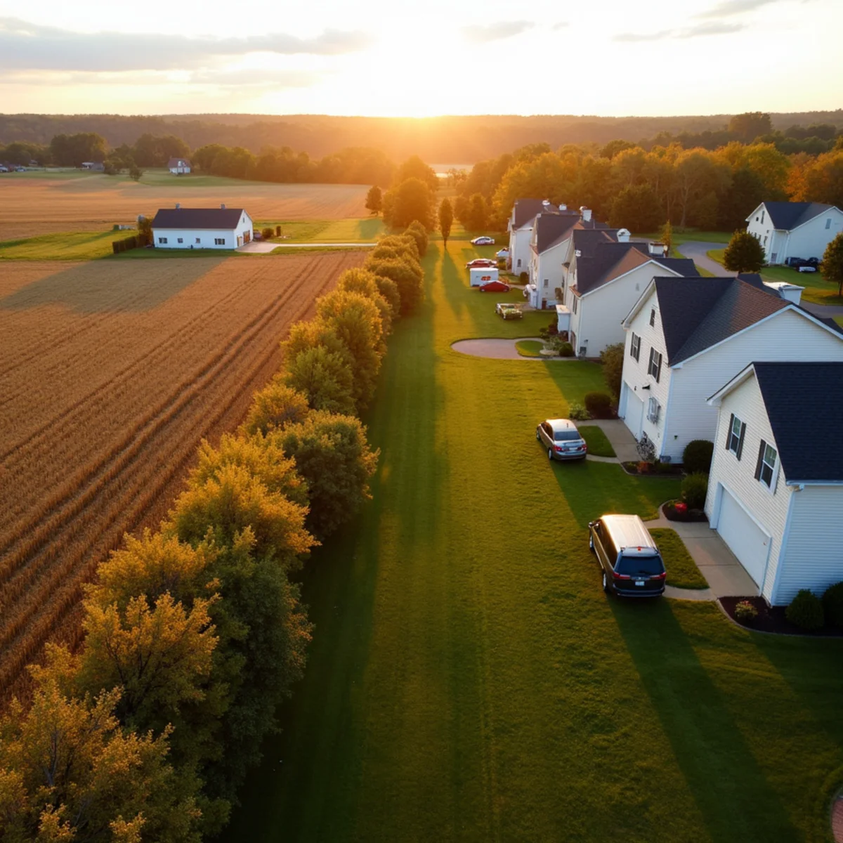 Subdivision homes bordering open farmland and tree lines in Warren County, OH