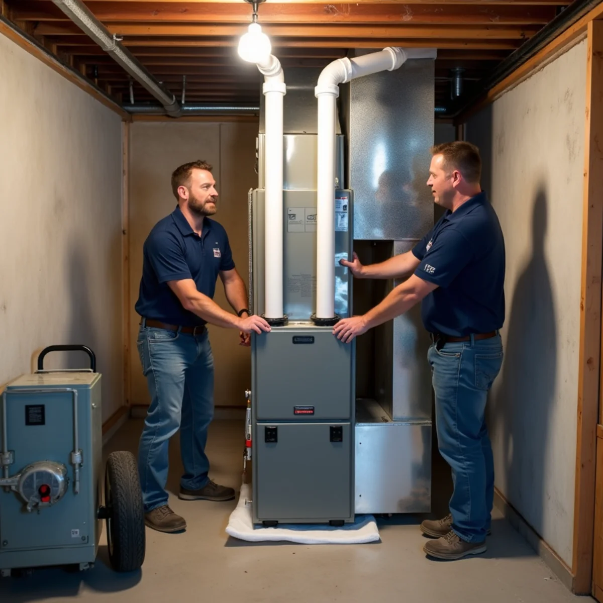 Technicians installing a new furnace in a 1990s subdivision home in Warren County, OH