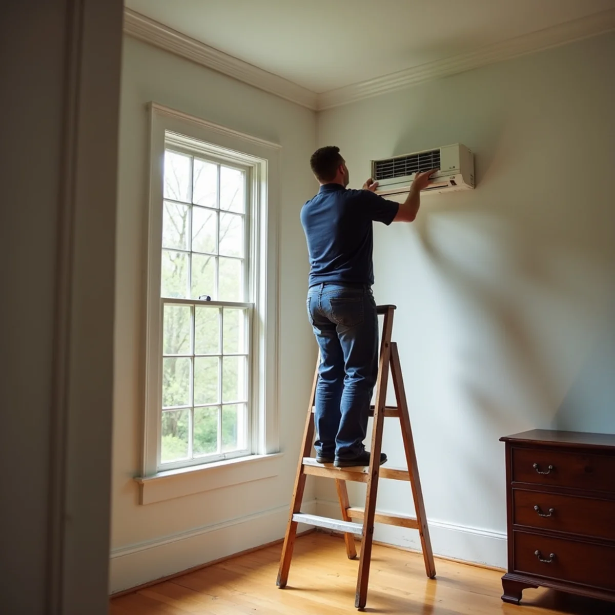 Technician mounting a ductless mini-split head in a 19th-century brick home in Waynesville, OH