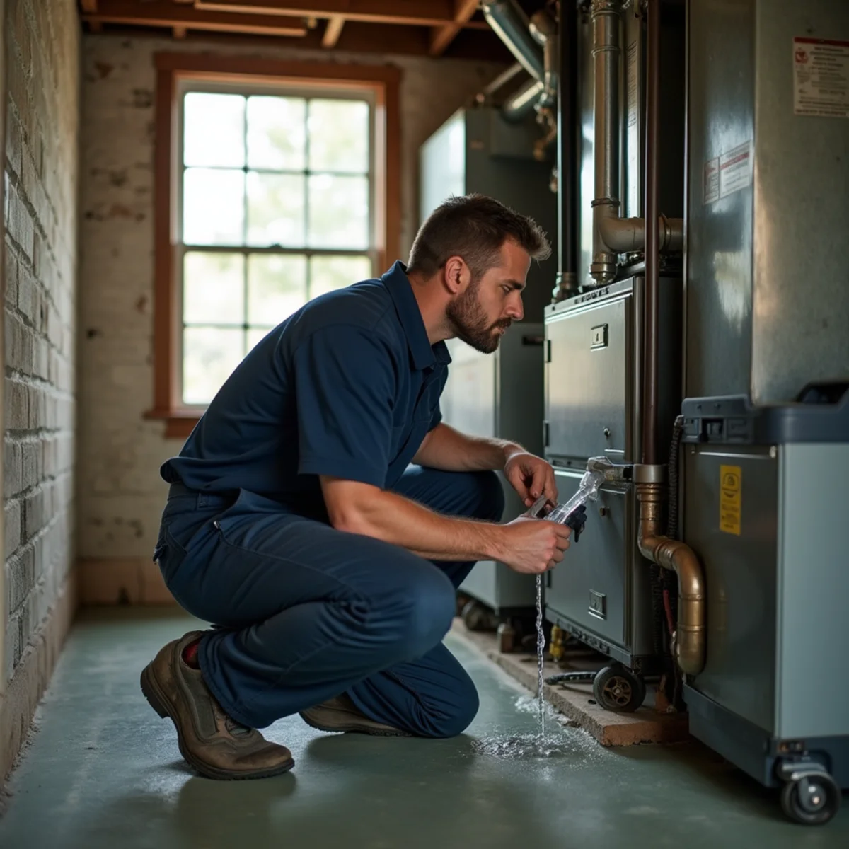 HVAC technician clearing an AC condensate drain in a West Milton, OH ranch home basement