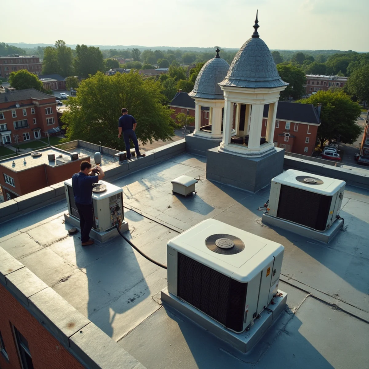 Historic downtown storefront buildings with rooftop HVAC units in Wilmington, OH
