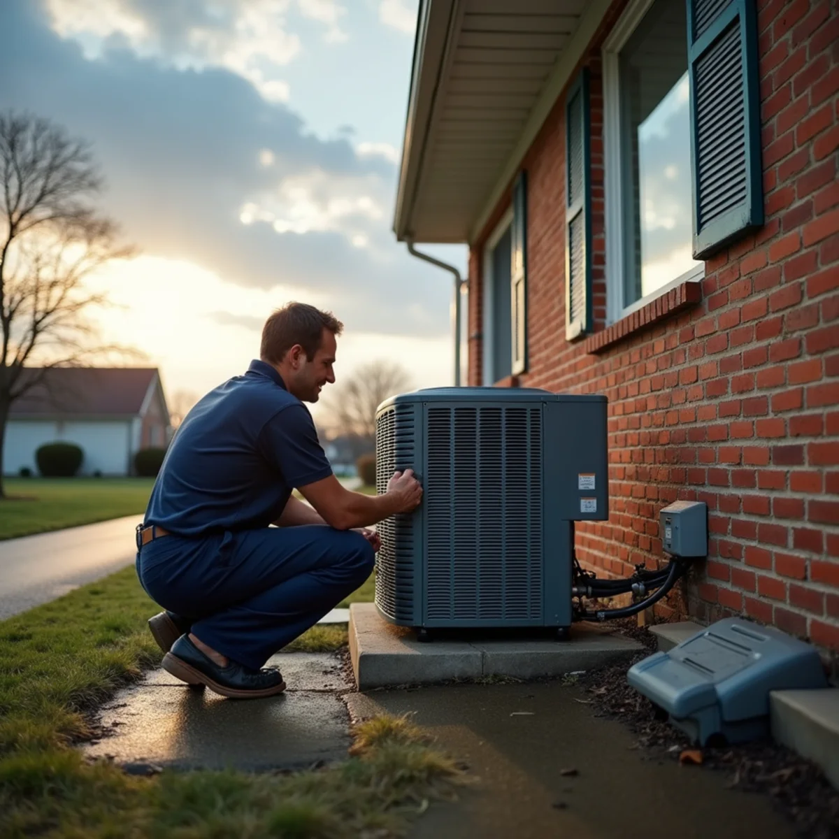 Technician inspecting a hail-damaged AC condenser beside a 1970s ranch home in Xenia, OH