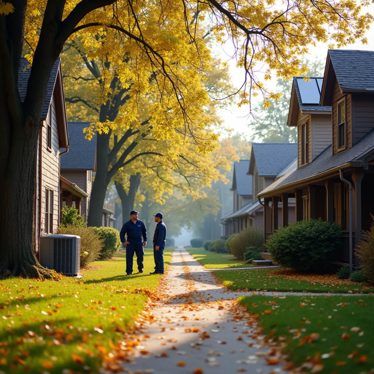 Older frame houses with heat pumps under mature shade trees in Yellow Springs, OH