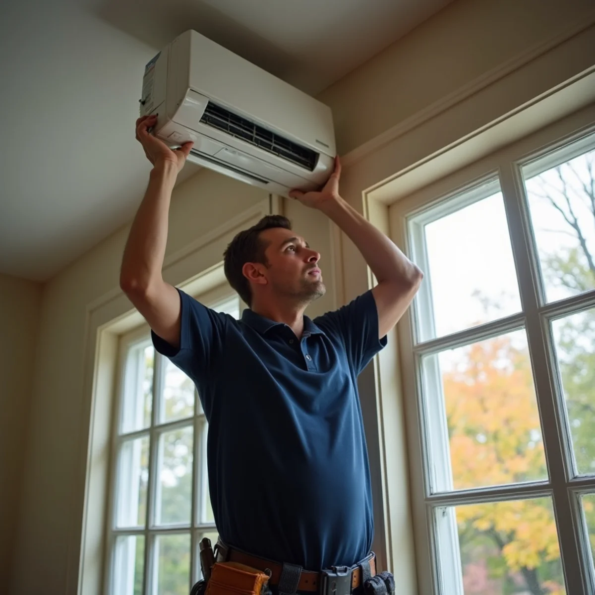 Comfort Air Solutions technician mounting a ductless mini-split head in an older Yellow Springs, OH home