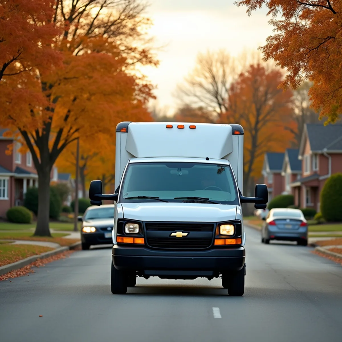 White HVAC service van driving through a Miami Valley, Ohio neighborhood of brick ranch homes