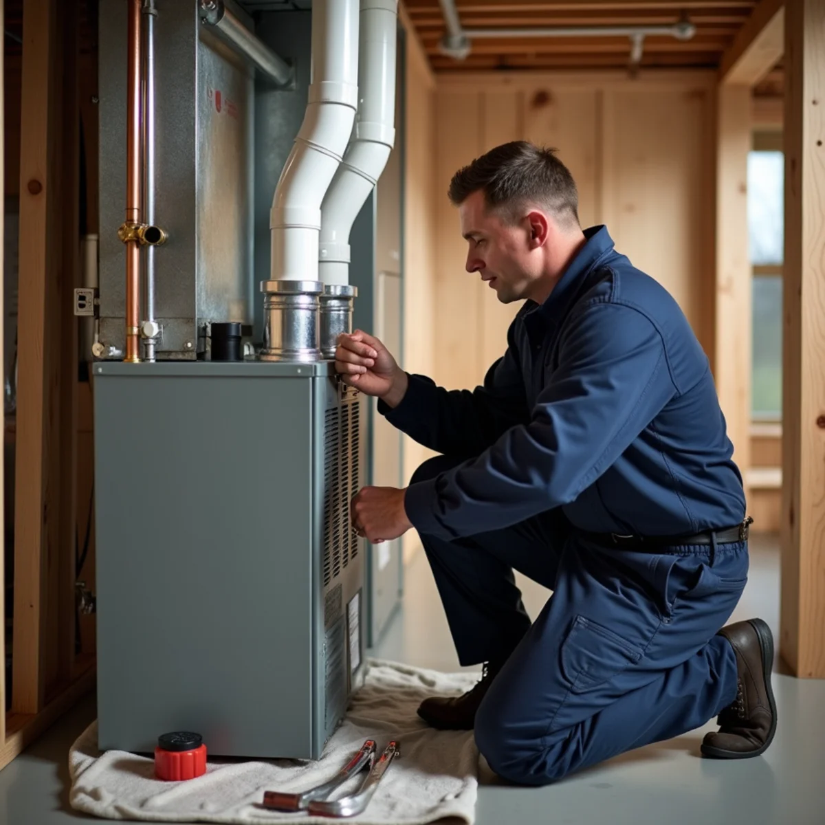 HVAC technician installing a new high-efficiency furnace in a Miamisburg, OH basement