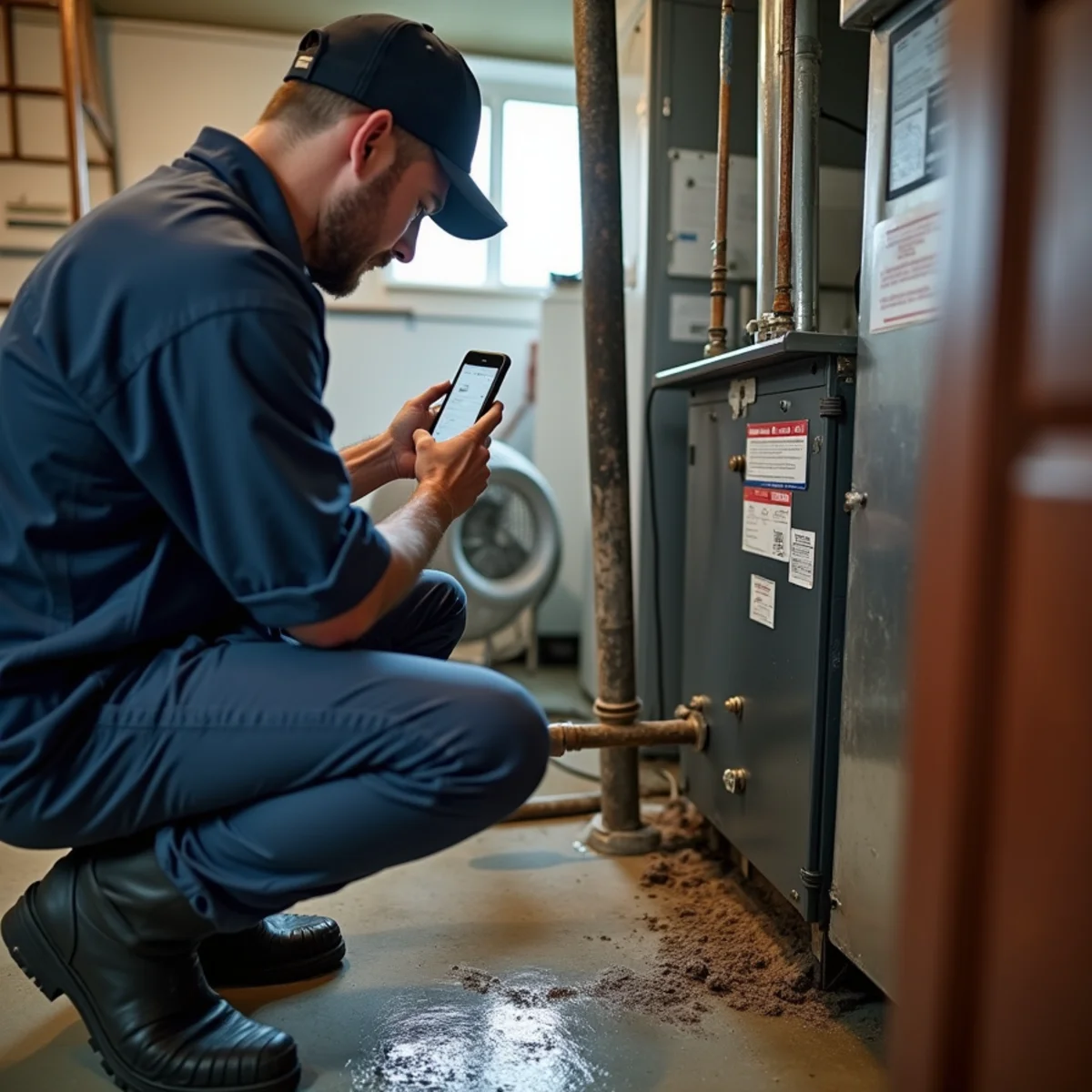 Technician documenting flood water damage on a basement furnace after a Miamisburg, OH storm