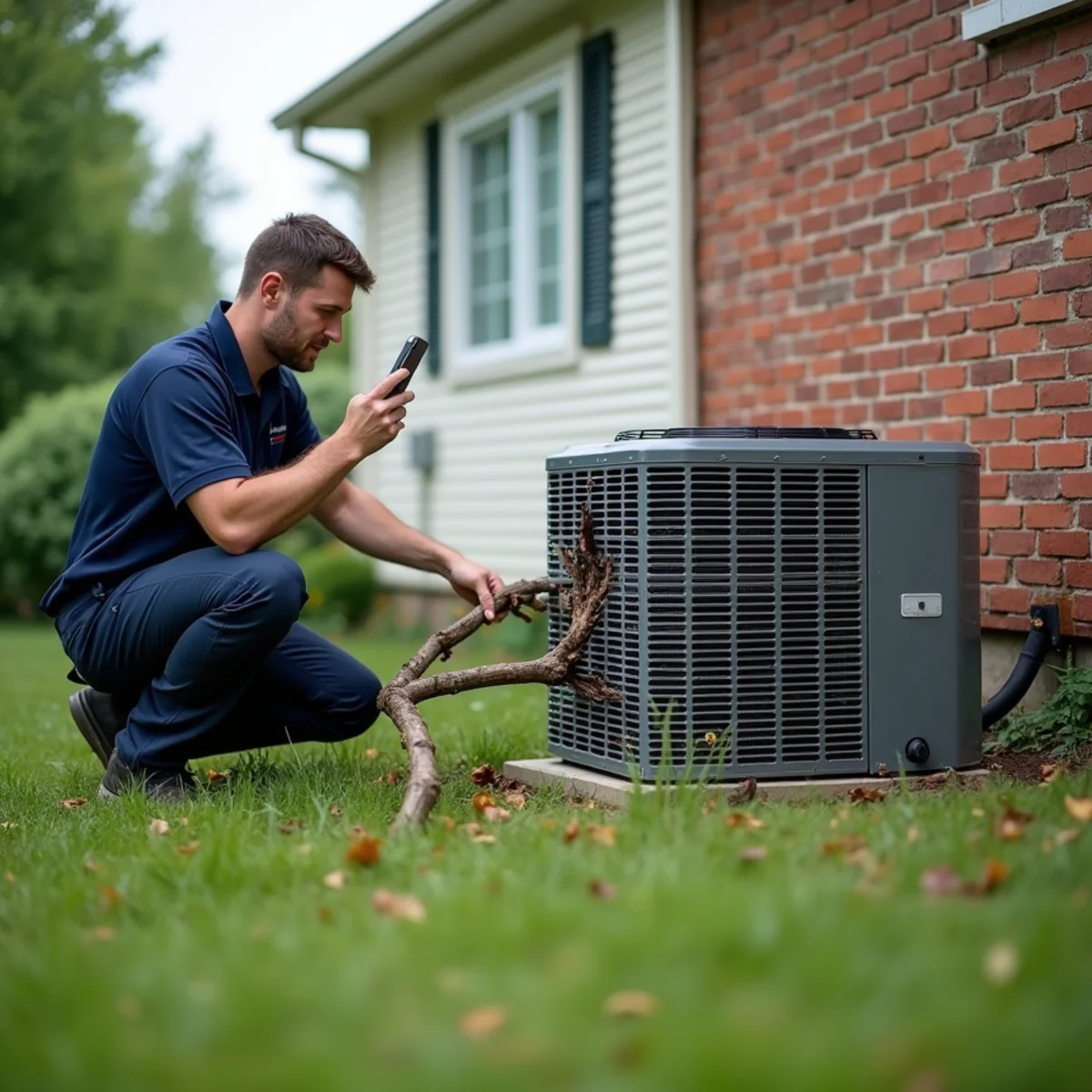 Technician photographing a hail-damaged air conditioner condenser after a storm in Miamisburg, OH